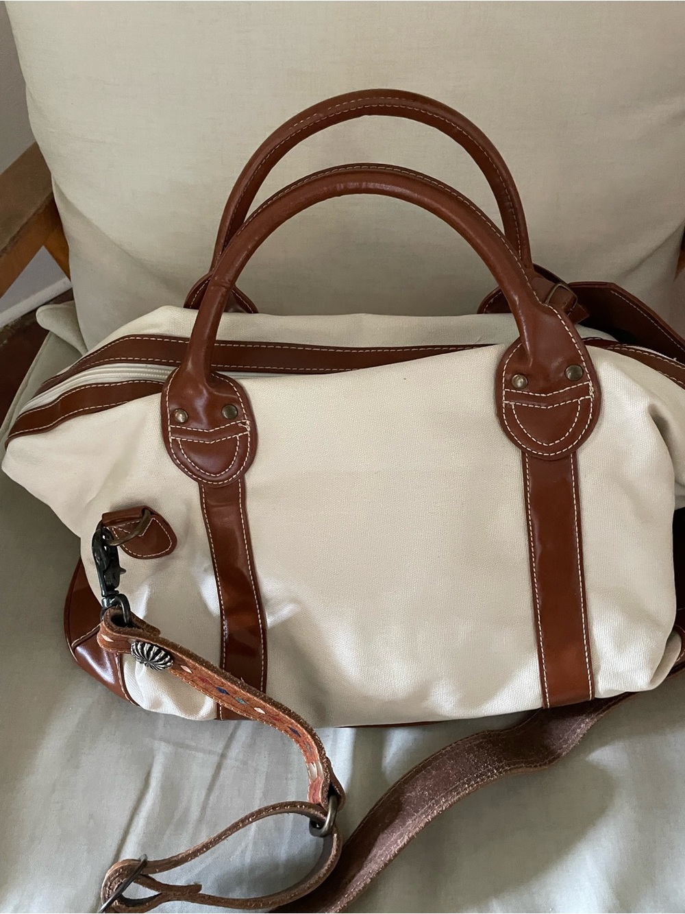 White Canvas Travel Satchel with Brown Trim & Leather Tooled Strap